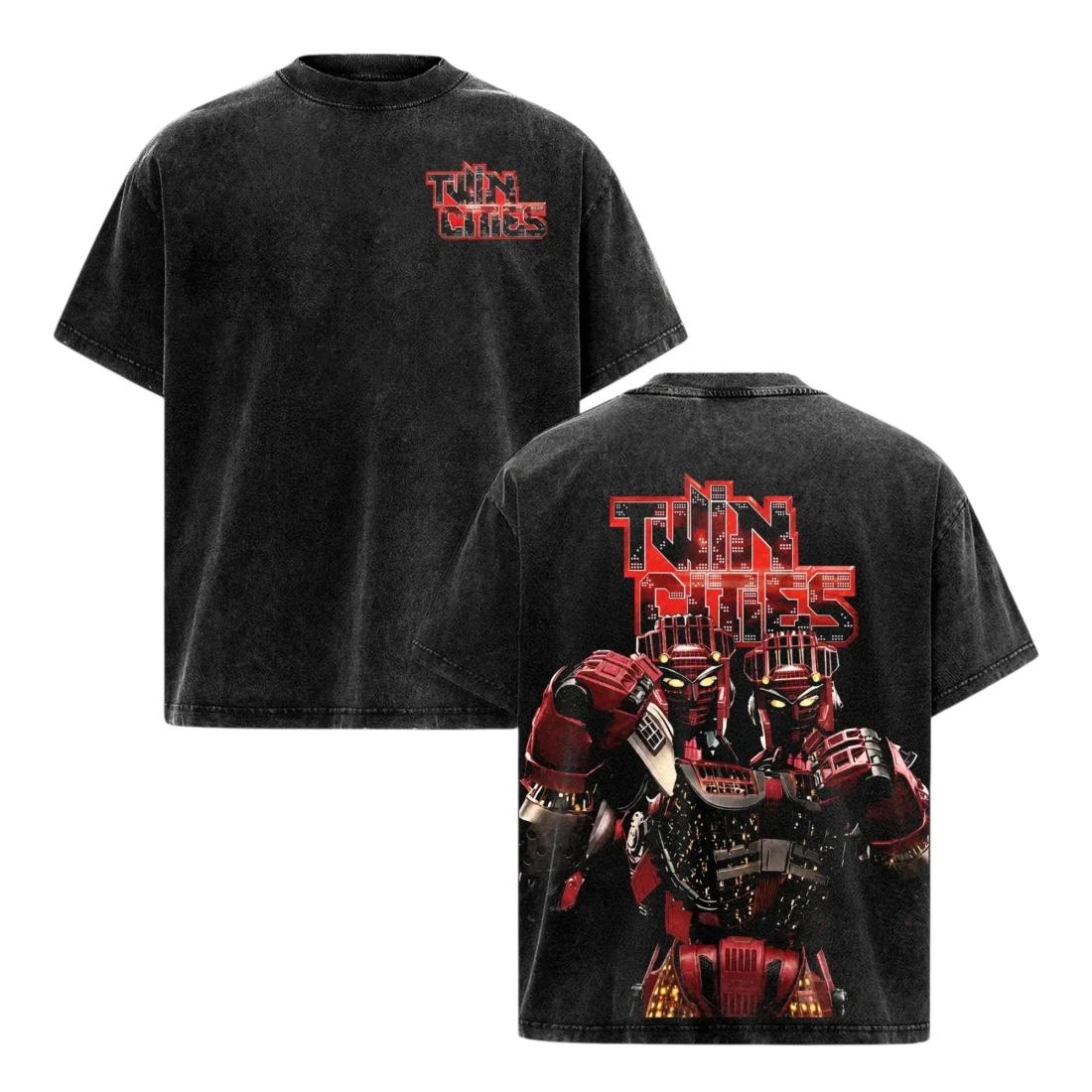 Twin Cities Robot Vintage Graphic Tee, Retro Sci-Fi Combat Bot Acid Wash T-Shirt for Men and Women available at our Miami, Florida warehouse