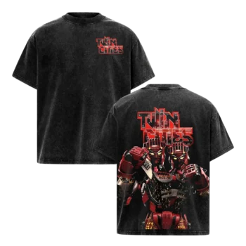 Twin Cities Robot Vintage Graphic Tee, Retro Sci-Fi Combat Bot Acid Wash T-Shirt for Men and Women available at our Miami, Florida warehouse