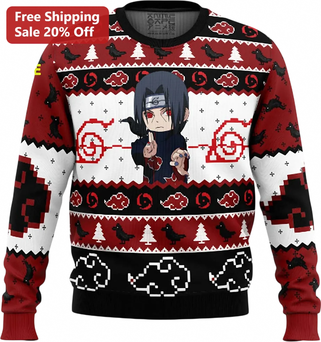 Itachi Uchiha Sweatshirt Ugly Christmas Akatsuki Crow Pixel Art Anime Holiday Gift for Naruto Fans available at our Miami, Florida warehouse