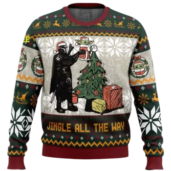 Jingle All the Way Mandalorian and Grogu Ugly Christmas Sweatshirt, Funny Star Wars Holiday Sweater available at our Miami, Florida warehouse
