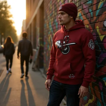 Spartan Warrior Graphic Burgundy Hoodie, Urban Streetwear Athletic Pullover Sweatshirt for Men available at our Miami, Florida warehouse