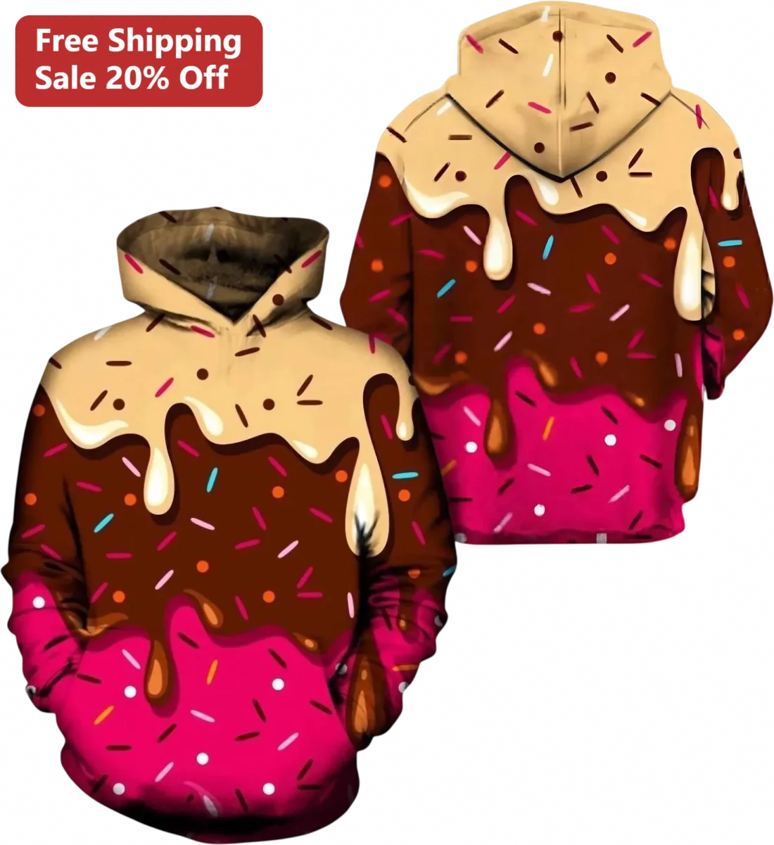 Melting Donut All Over Print Hoodie, Pink Sprinkle Dessert Lover Gift, Novelty Food Print Pullover f available at our Miami, Florida warehouse