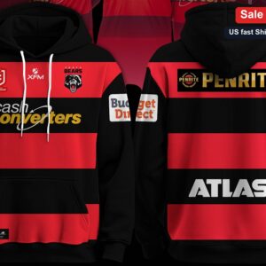 Perth Bears Rugby Pullover Hoodie, Red and Black Striped Sports Fan Sweatshirt Gift for Men and Wome available at our Miami, Florida warehouse