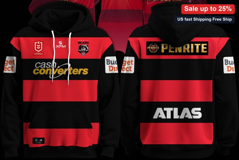 Perth Bears Rugby Pullover Hoodie, Red and Black Striped Sports Fan Sweatshirt Gift for Men and Wome available at our Miami, Florida warehouse