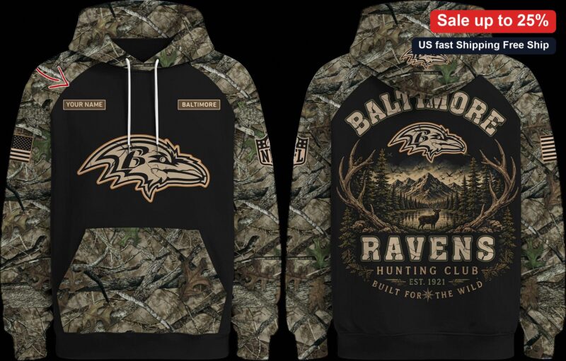 Ravens Hunting Club Hoodie Built for the Wild Camo Baltimore Football Outdoor Pullover Sweatshirt available at our Miami, Florida warehouse