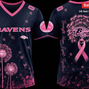 Ravens Strength Hope Fight Together Tee, Breast Cancer Awareness Pink Dandelion V-Neck Shirt Persona available at our Miami, Florida warehouse