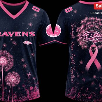 Ravens Strength Hope Fight Together Tee, Breast Cancer Awareness Pink Dandelion V-Neck Shirt Persona available at our Miami, Florida warehouse