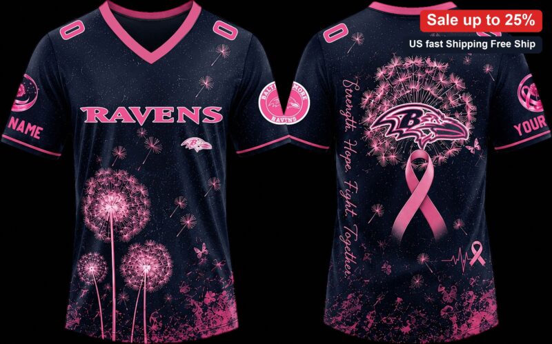 Ravens Strength Hope Fight Together Tee, Breast Cancer Awareness Pink Dandelion V-Neck Shirt Persona available at our Miami, Florida warehouse