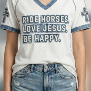 Ride Horses Love Jesus Be Happy Christian Horse Lover Tee, Western Cowgirl Faith Graphic Shirt Gift for Women
