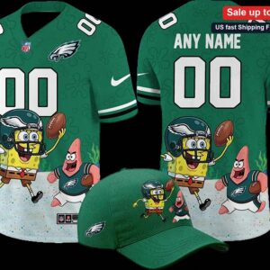 Spongebob Squarepants Eagles Football Jersey Tee Custom Name Personalized Patrick Fan Shirt available at our Miami, Florida warehouse