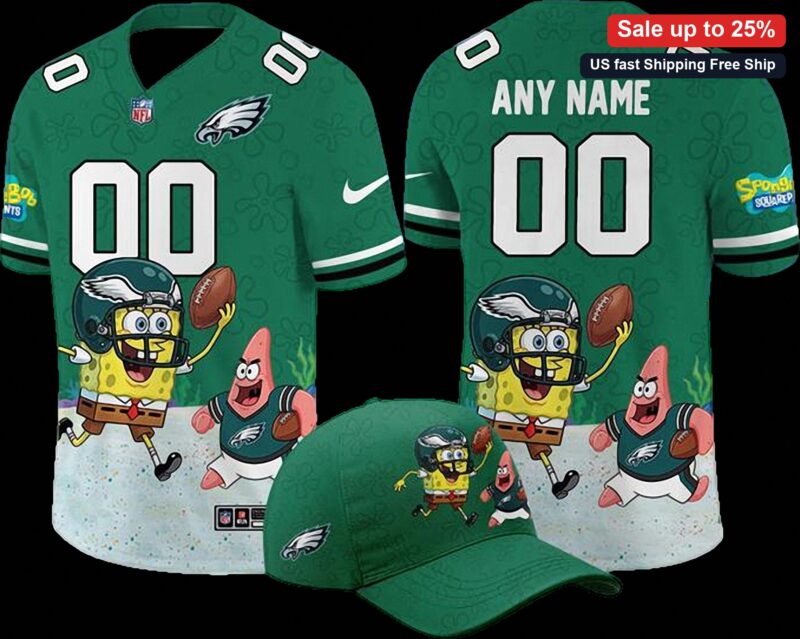 Spongebob Squarepants Eagles Football Jersey Tee Custom Name Personalized Patrick Fan Shirt available at our Miami, Florida warehouse