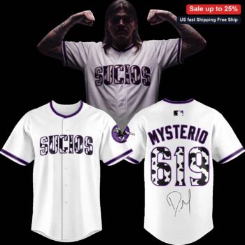 SUCIOS Baseball Tee Jersey with Signature of Rey Mysterio Graphic Streetwear available at our Miami, Florida warehouse