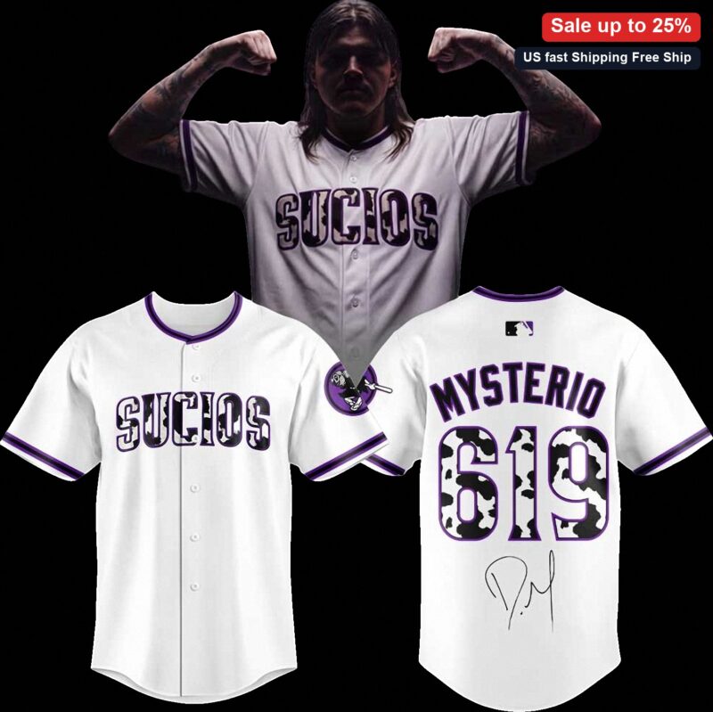 SUCIOS Baseball Tee Jersey with Signature of Rey Mysterio Graphic Streetwear available at our Miami, Florida warehouse