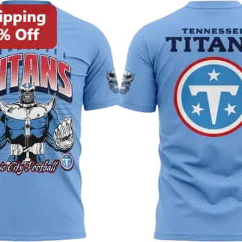 Tennessee Titans Music City Football Thanos Graphic Tee, Marvel NFL Mashup Shirt for Titans Fans available at our Miami, Florida warehouse