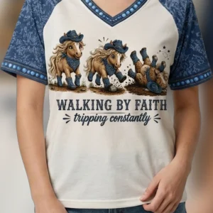 Walking by Faith Tripping Constantly Tee Funny Western Cowboy Horse Christian Humor Graphic Shirt