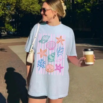 Seashells & Starfish Graphic Tee | Women's Pastel Beach Shirt
