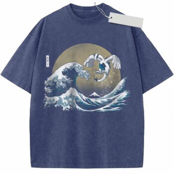 Lugia Great Wave Vintage Washed Graphic Tee - Japanese Art Anime Shirt