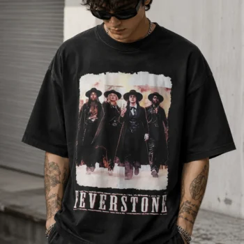 FEVERSTONE Western Graphic Tee Vintage Style Cinematic Gothic Cowboy Streetwear Oversized Black T-Shirt
