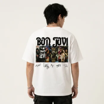 Bon Jovi Band T-Shirt Vintage Collage Graphic Tee with Printed Signatures Classic Rock Concert Merch
