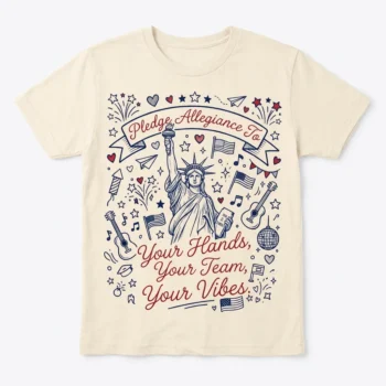Pledge Allegiance To Your Hands Your Team Your Vibes Graphic Tee Statue of Liberty Music Festival Fandom Shirt