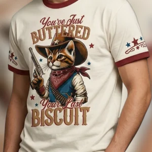 You've Just Buttered Your Last Biscuit Cowboy Cat Tee, Funny Western Outlaw Graphic Shirt, Southern Humor Gift
