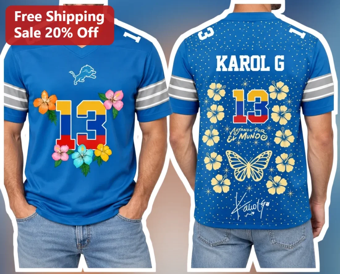 NATANDO POR EL MUNDO Jersey Karol G Signature Detroit Lions Football Shirt available at our Miami, Florida warehouse