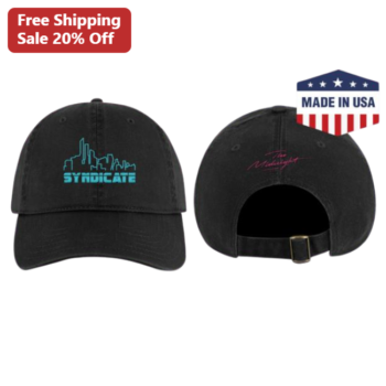 Syndicate Cap The Midnight Synthwave Neon City Skyline Dad Hat available at our Miami, Florida warehouse