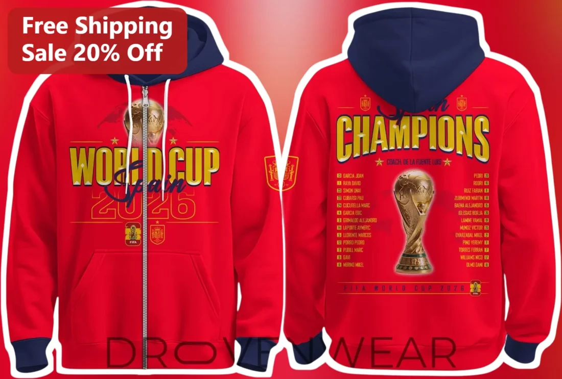 FIFA World Cup 2026 Spain Champions Hoodie Luis de la Fuente Soccer Fan Gear available at our Miami, Florida warehouse