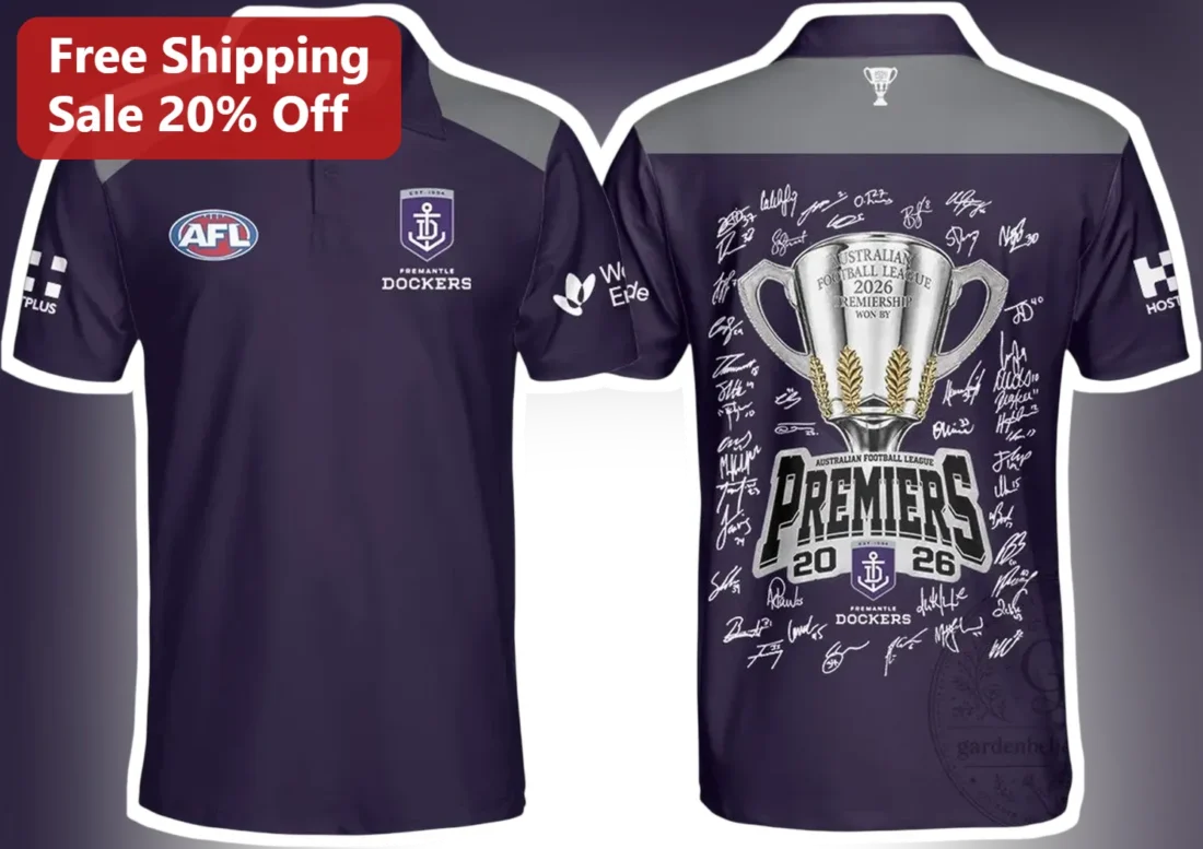 AFL Fremantle Dockers Premiers 2026 Polo Shirt Purple Army Fan Merch available at our Miami, Florida warehouse