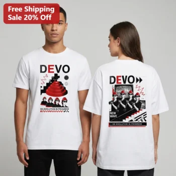 DEVO De-Evolution In Progress New Wave Band Graphic Tee Retro 80s Music Shirt Gift for Fans available at our Miami, Florida warehouse