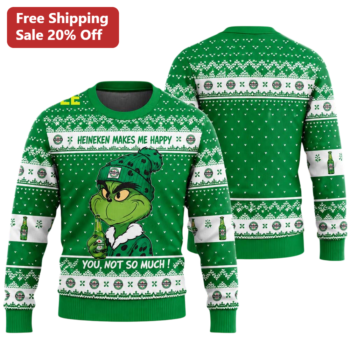 Heineken Makes Me Happy You Not So Much The Grinch Funny Beer Lover Gift Sweater available at our Miami, Florida warehouse