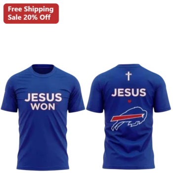 Jesus Won Buffalo Bills Christian Faith Graphic Tee for Men Women available at our Miami, Florida warehouse