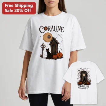 Coraline Halloween Tee Spooky Button Door Graphic Shirt, Gothic Movie Costume Apparel Gift for Fans available at our Miami, Florida warehouse