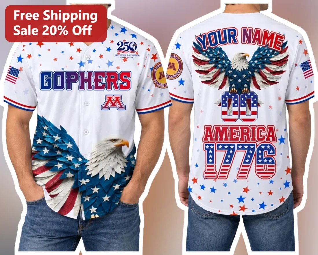 Gophers America Patriotic Baseball Jersey Minnesota College Football Fan Apparel available at our Miami, Florida warehouse