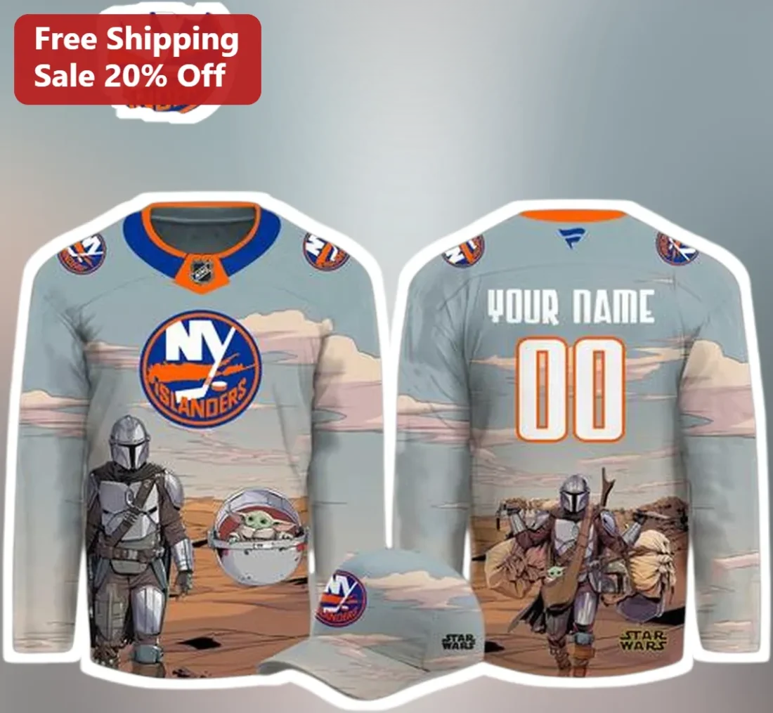 NY Islanders Star Wars Jersey The Mandalorian Grogu Baby Yoda NHL Hockey Fan Gift Custom Name available at our Miami, Florida warehouse