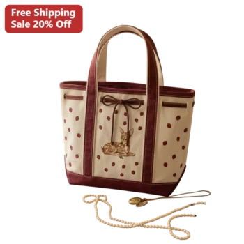 Vintage Fawn Strawberry Canvas Tote Bag Whimsical Cottagecore Nature Gift for Women available at our Miami, Florida warehouse