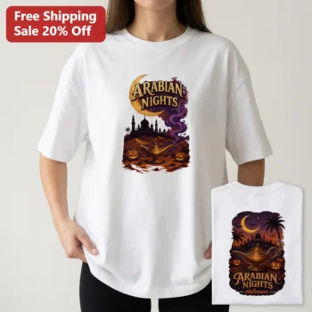 Arabian Nights Halloween Tee, Vintage Genie Lamp Graphic T-Shirt, Spooky Costume Party Shirt for Men available at our Miami, Florida warehouse