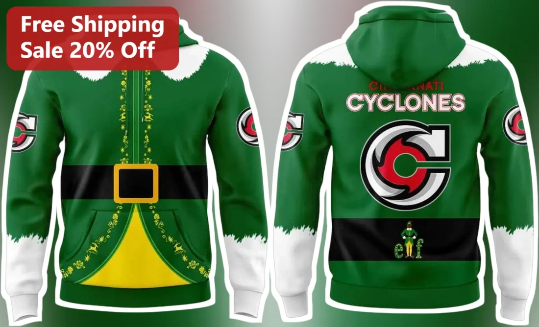 Cincinnati Cyclones Elf Holiday Hoodie Green Zip Up Fan Gift available at our Miami, Florida warehouse