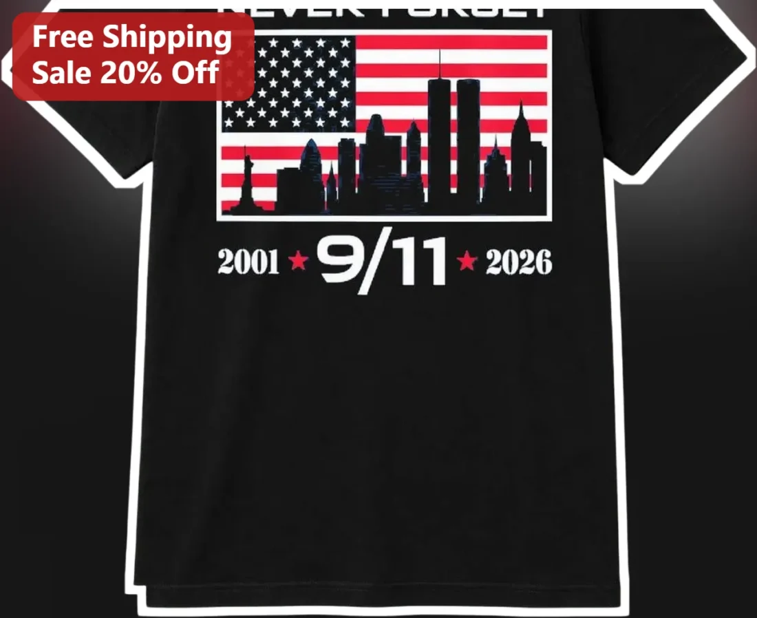 Never Forget 9/11 Memorial Tee 25th Anniversary Tribute Shirt available at our Miami, Florida warehouse
