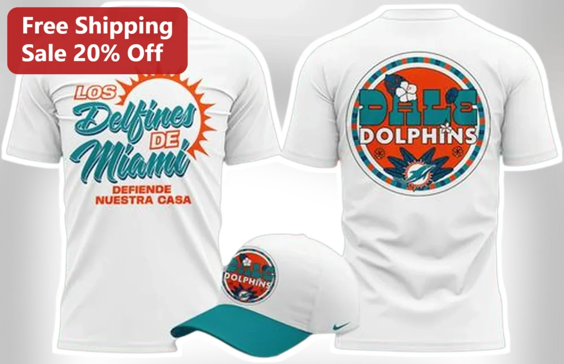 Los Delfines de Miami Dale Dolphins Retro Graphic Tee for Hispanic Football Fans available at our Miami, Florida warehouse