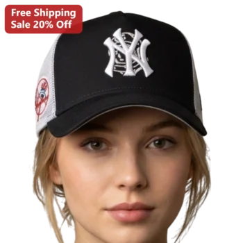 Embroidered NY Logo Trucker Hat Black White Mesh Cap New York Baseball Fan Gift available at our Miami, Florida warehouse