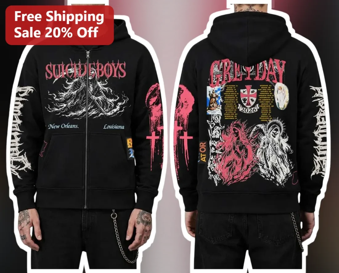 Suicide Boys Grey Day Hoodie Gothic Zip Up Sweatshirt Dark Streetwear Merch available at our Miami, Florida warehouse