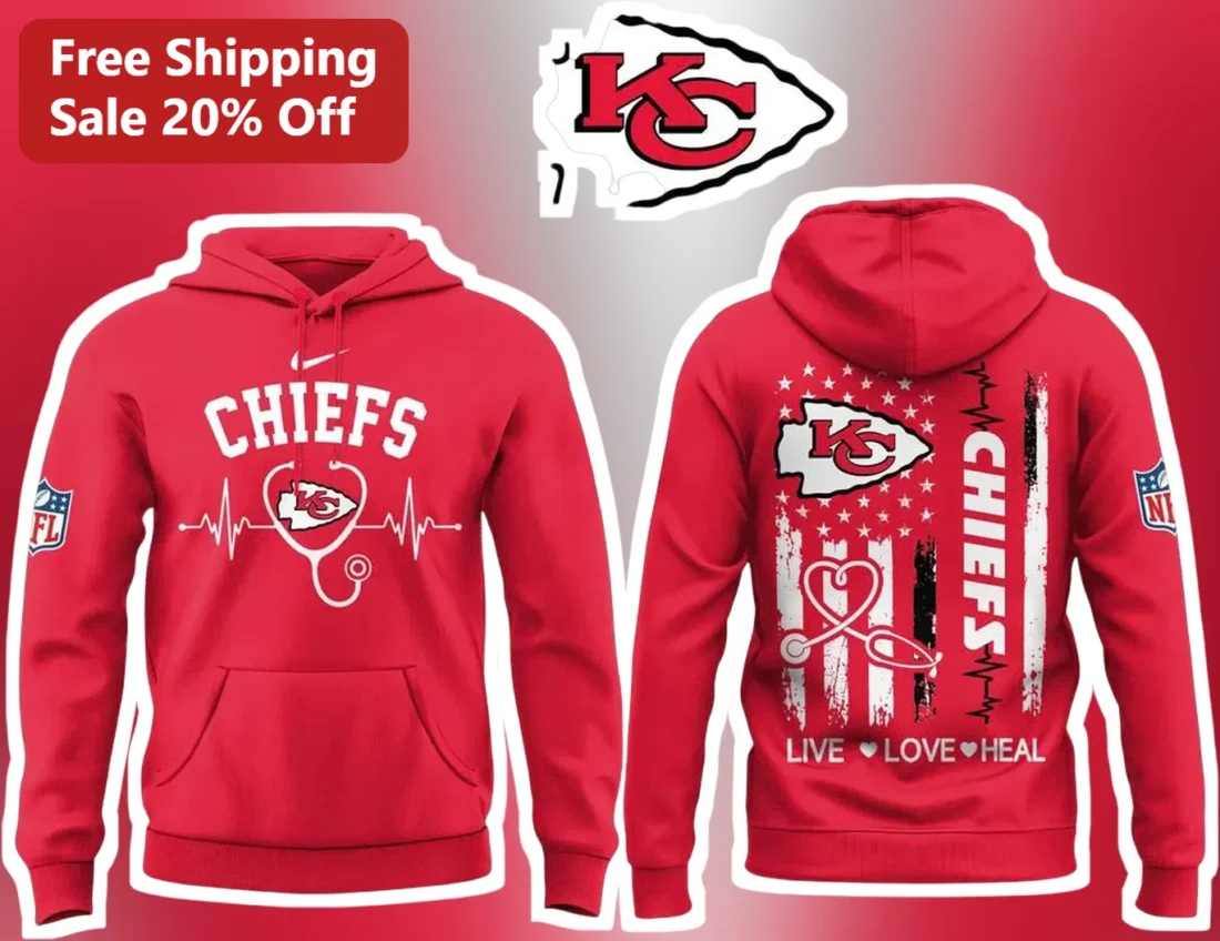 Chiefs Live Love Heal Hoodie Kansas City Chiefs Medical Nurse Gift Pullover available at our Miami, Florida warehouse