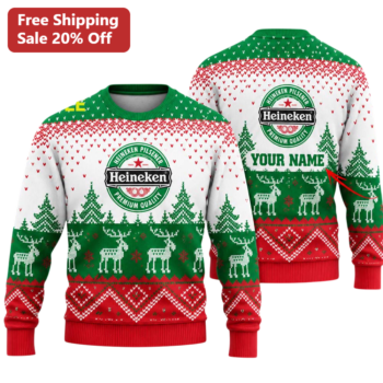Heineken Sweater Ugly Christmas Knit Reindeer Pine Tree Snowflake Design Festive Beer Lover Gift available at our Miami, Florida warehouse