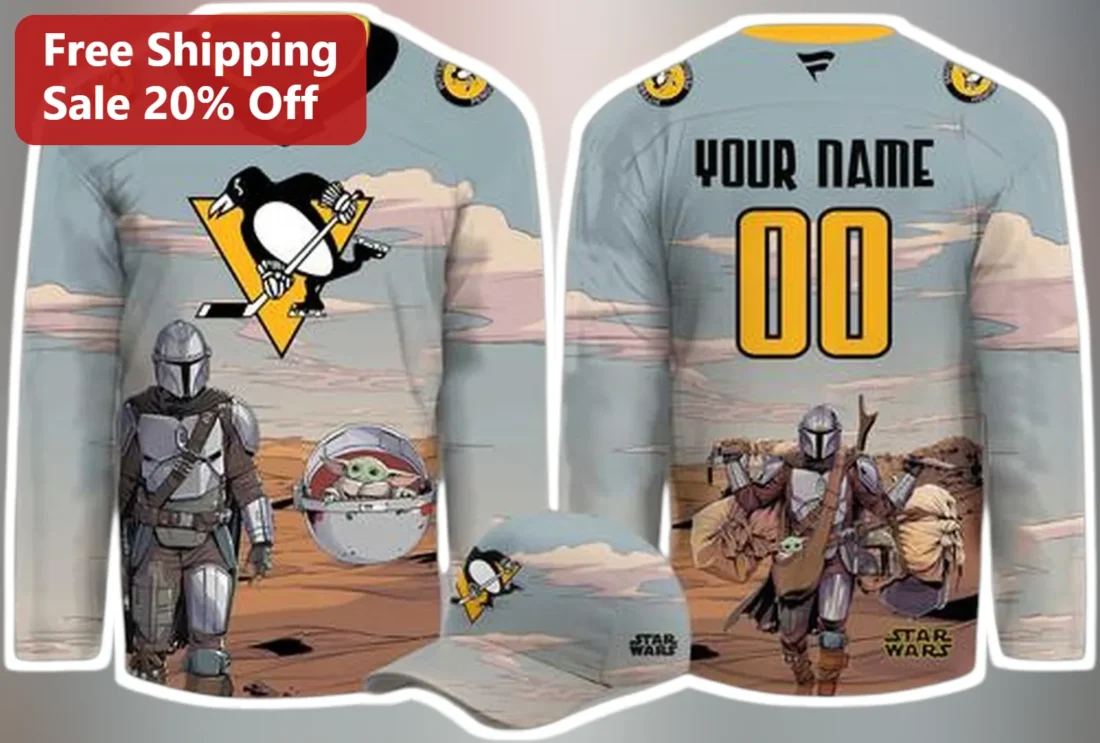 The Mandalorian Jersey Custom Name Penguins Grogu Star Wars Mashup Personalized Baseball Shirt for M available at our Miami, Florida warehouse