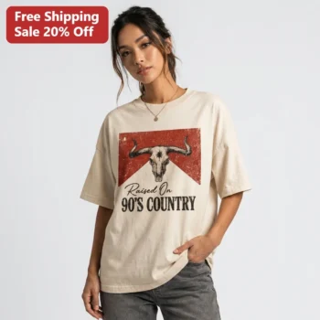 Raised on 90's Country Tee for Women, Vintage 90s Country Music Shirt, Western Cowgirl Cow Skull Gra available at our Miami, Florida warehouse