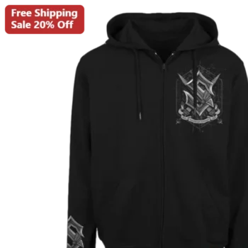 Silver Geometric Crest Hoodie Black Zip Up Metallic Shield Design Dark Fantasy Gamer Apparel available at our Miami, Florida warehouse