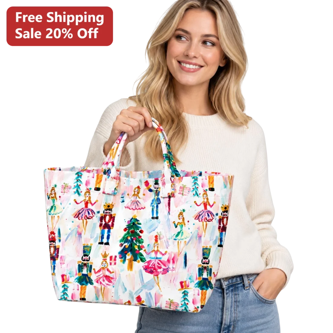 Nutcracker Ballet Tote Bag Watercolor Christmas Ballerina Canvas Purse Holiday Gift for Women available at our Miami, Florida warehouse