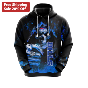Buffalo Bills Grim Reaper Hoodie Black Blue Flames NFL Fan Apparel available at our Miami, Florida warehouse