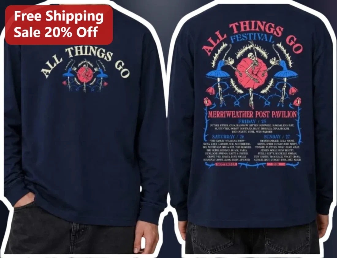 All Things Go Festival Long Sleeve Tee Music Concert Merch Skeleton Graphic Shirt available at our Miami, Florida warehouse